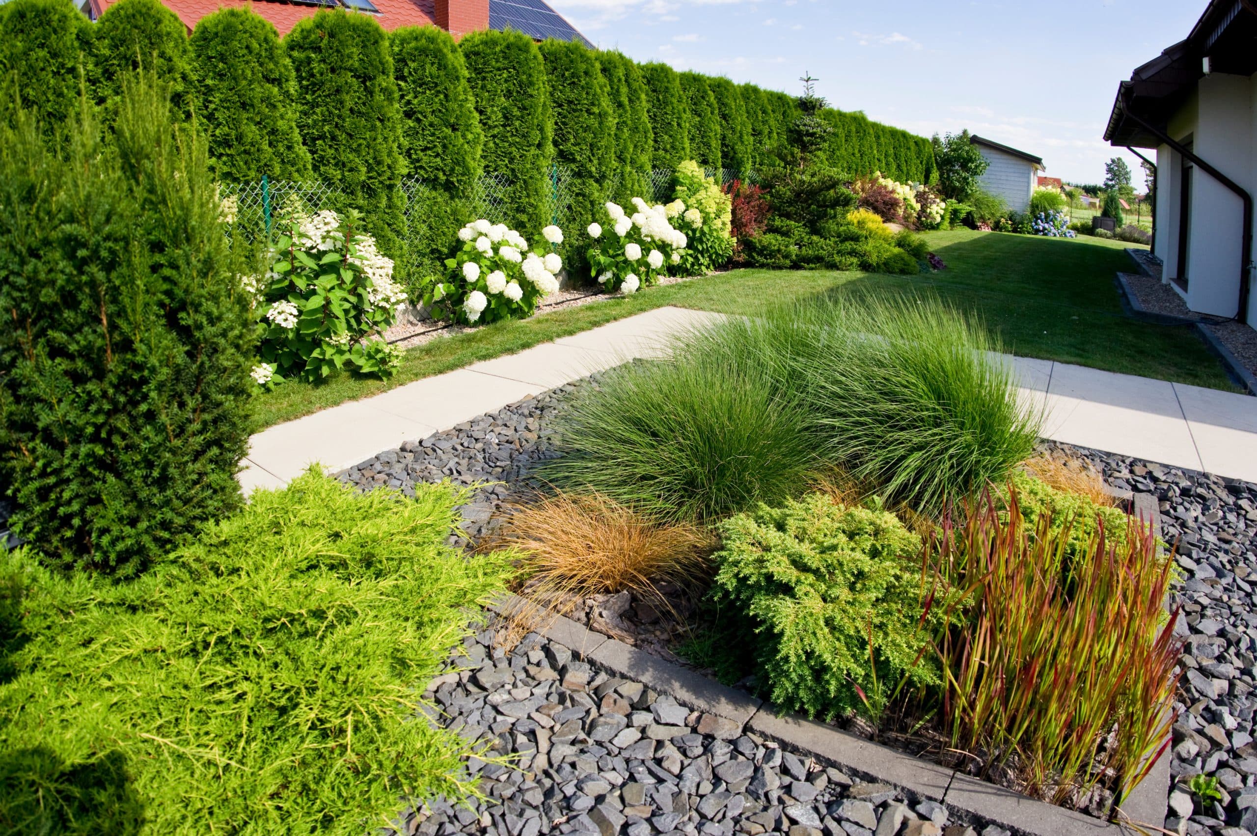 The frontyard of a modern house, garden details with colorful plants, dry grass beds surrounded by grey rocks.